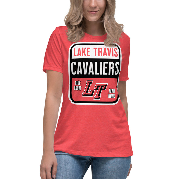 Woman wearing Lake Travis High School Cavaliers Women's Relaxed Fit T-shirt 001