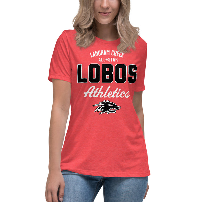 Woman wearing Langham Creek High School Lobos Women's Relaxed Fit T-shirt 034