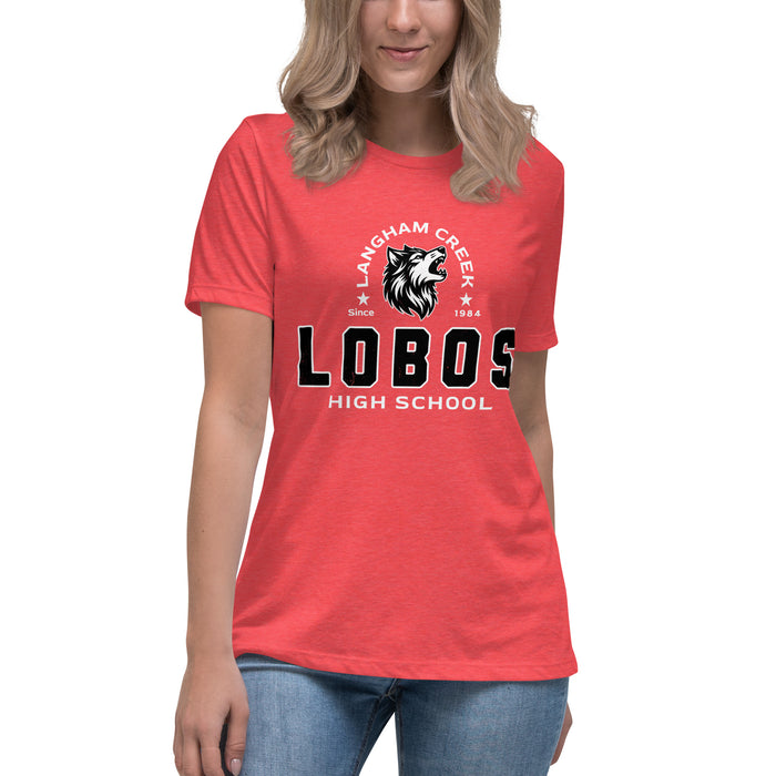 Woman wearing Langham Creek High School Lobos Women's Relaxed Fit T-shirt 222