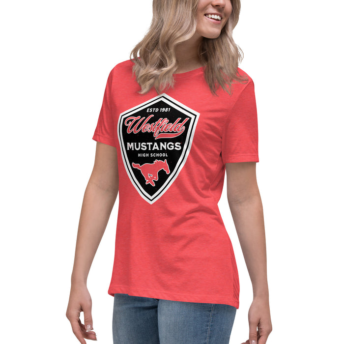 Woman wearing Westfield High School Mustangs Women's Heather Red T-shirt 225