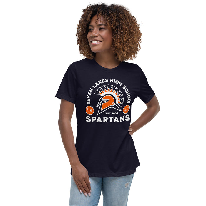 Young lady wearing Seven Lakes High School Spartans Navy Women's T-shirt 208