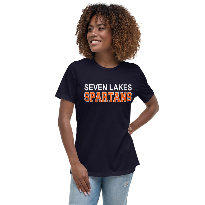 Young lady wearing Seven Lakes High School Spartans Navy Women's T-shirt 010