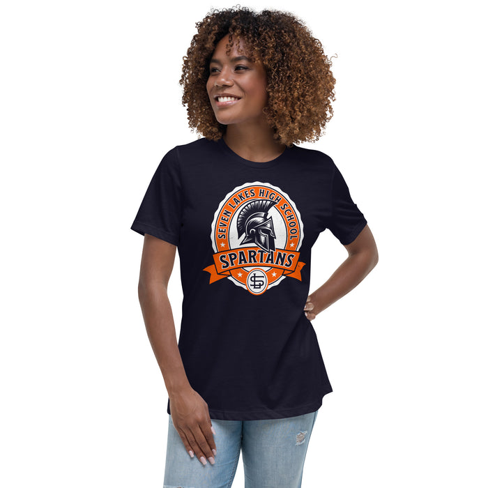 Woman wearing Seven Lakes High School Spartans Navy Ladies T-shirt 212