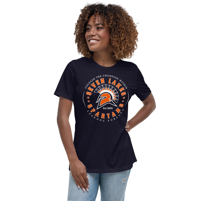 Woman wearing Seven Lakes High School Spartans Navy Women's T-shirt 214