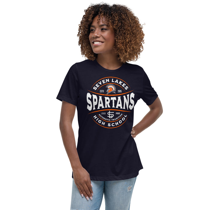 Woman wearing Seven Lakes High School Spartans Navy Women's T-shirt 218