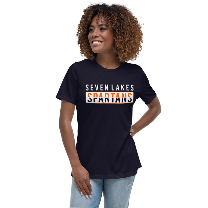 Woman wearing Seven Lakes High School Spartans Navy Women's T-shirt 031