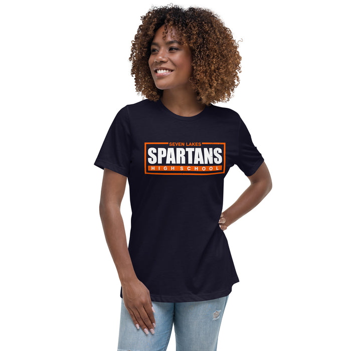 Woman wearing Seven Lakes High School Spartans Navy Women's T-shirt 049