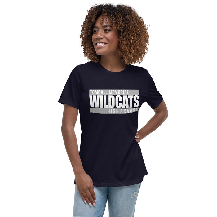 Woman wearing Tomball Memorial High School Wildcats Women's Navy Blue T-shirt 098