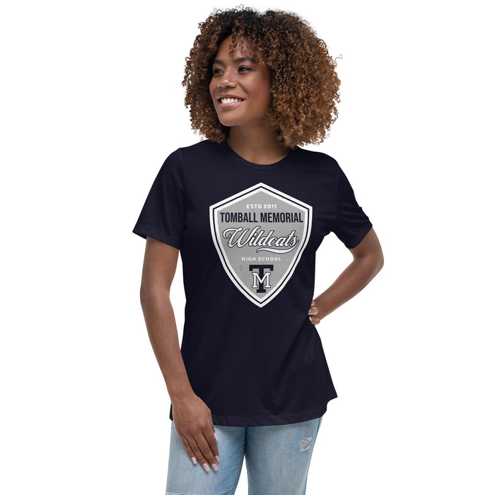 Woman wearing Tomball Memorial High School Wildcats Women's Navy Blue T-shirt 225