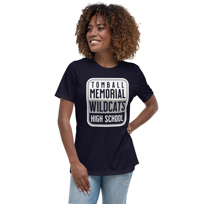 Woman wearing Tomball Memorial High School Wildcats Women's Navy Blue T-shirt 001