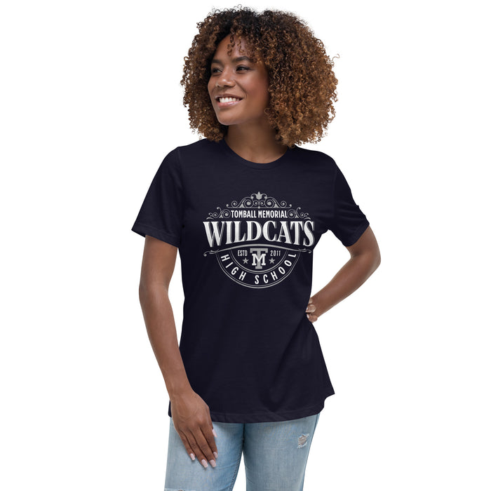 Woman wearing Tomball Memorial High School Wildcats Women's Navy Blue T-shirt 211