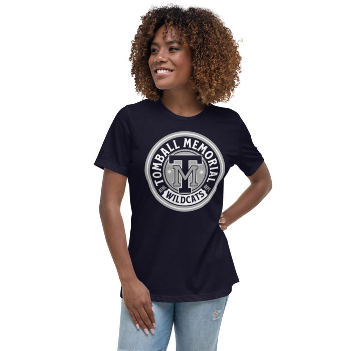 Woman wearing Tomball Memorial High School Wildcats Women's Navy Blue T-shirt 220