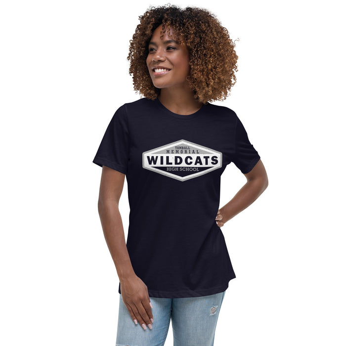 Woman wearing Tomball Memorial High School Wildcats Women's Navy Blue T-shirt 009