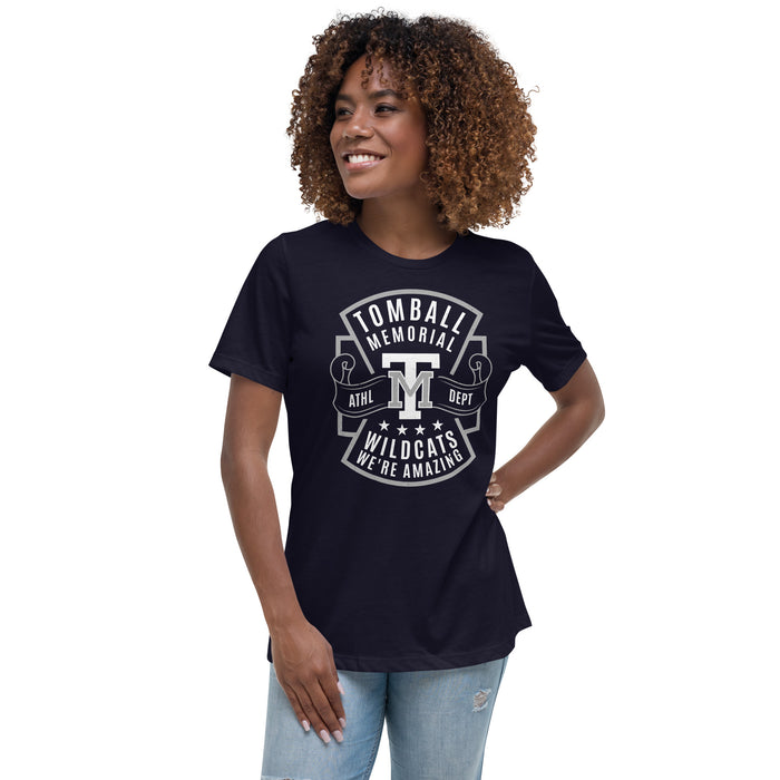 Woman wearing Tomball Memorial High School Wildcats Women's Navy Blue T-shirt 207