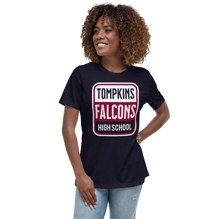 Woman wearing Tompkins High School Falcons Women's Navy Blue T-shirt 031