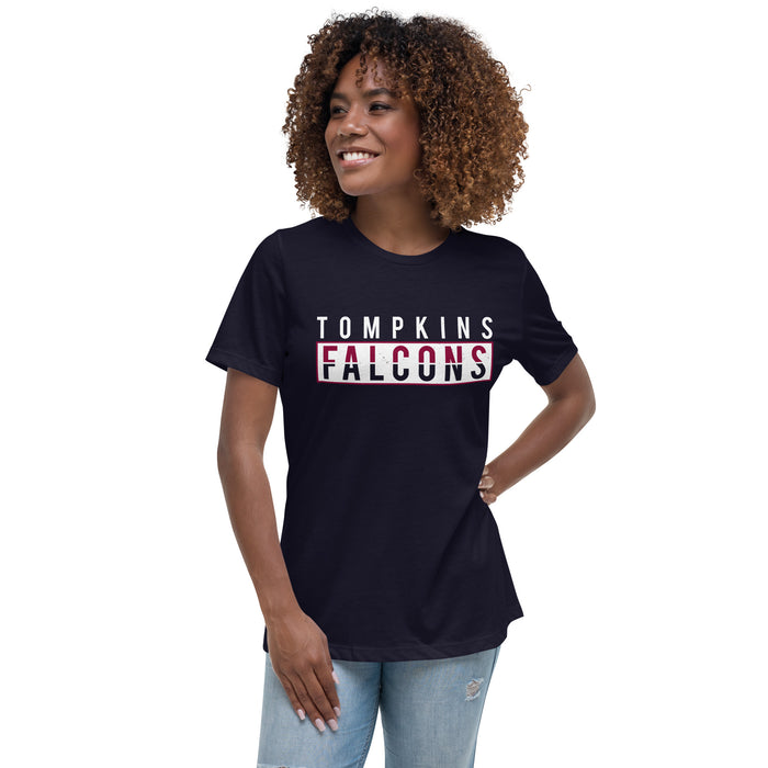 Woman wearing Tompkins High School Falcons Women's Navy Blue T-shirt 031