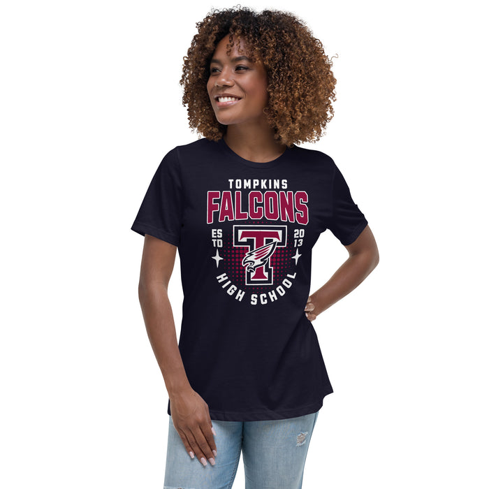 Woman wearing Tompkins High School Falcons Women's Navy Blue T-shirt 204