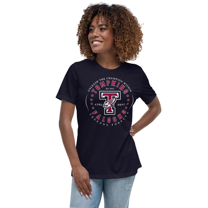 Woman wearing Tompkins High School Falcons Women's Navy Blue T-shirt 214