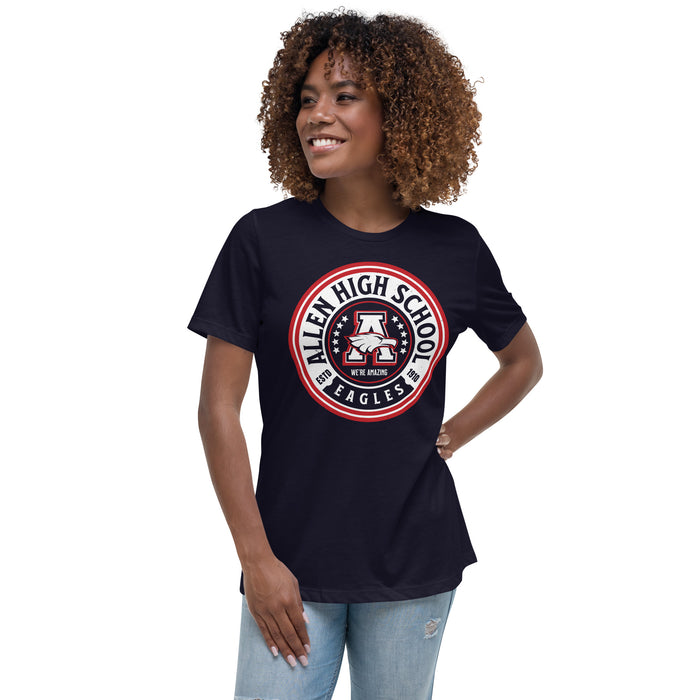 Woman wearing Allen High School Eagles Women's Navy Blue T-shirt 208