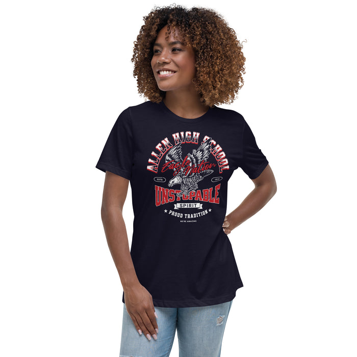 Woman wearing Allen High School Eagles Women's Navy Blue T-shirt 204