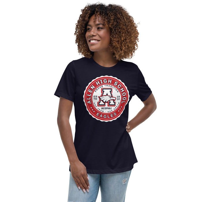 Woman wearing Allen High School Eagles Women's Navy Blue T-shirt 209