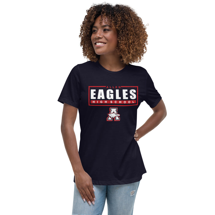 Woman wearing Allen High School Eagles Women's Navy Blue T-shirt 049