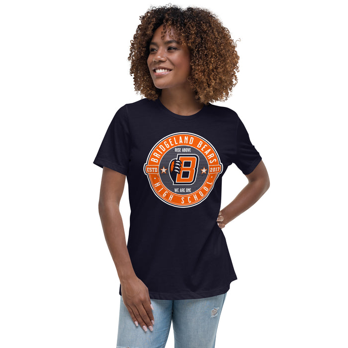 Woman wearing Bridgeland High School Bears Women's Navy Blue T-shirt 224