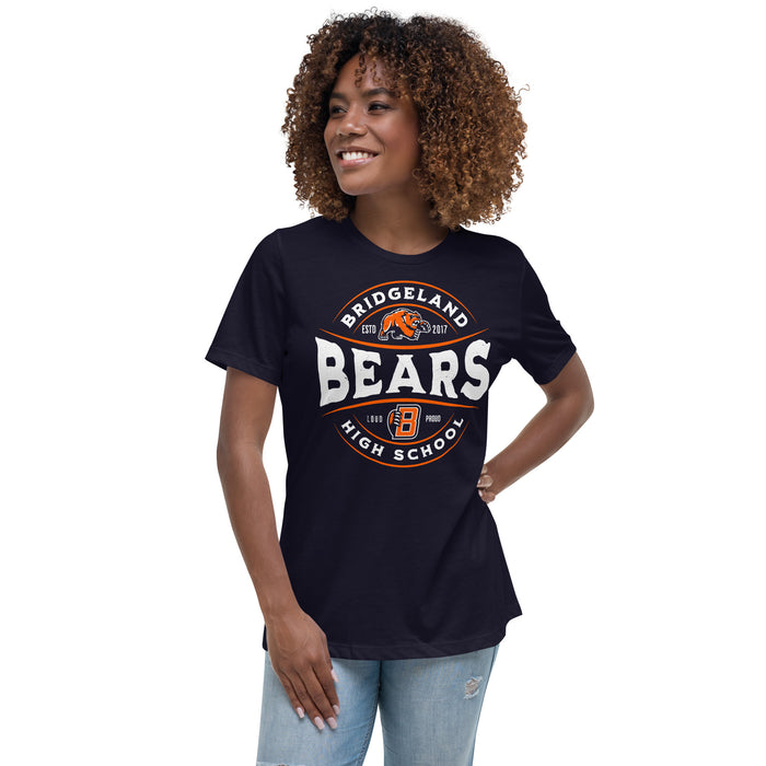Woman wearing Bridgeland High School Bears Women's Navy Blue T-shirt 218