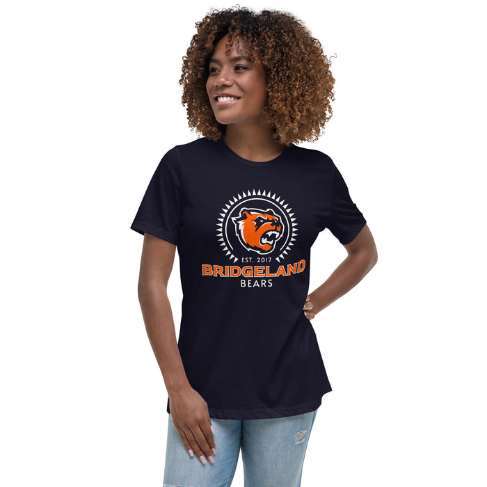 Woman wearing Bridgeland High School Bears Women's Navy Blue T-shirt 226