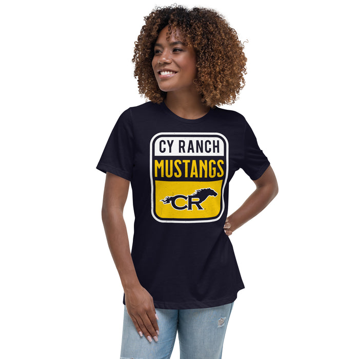 Woman wearing Cypress Ranch High School Mustangs Women's Navy T-shirt 001