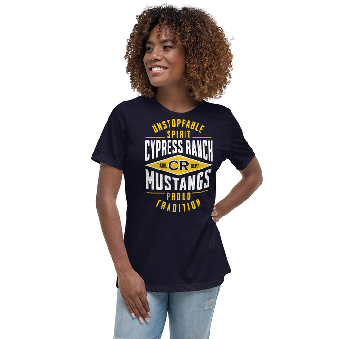 Woman wearing Cypress Ranch High School Mustangs Women's Navy T-shirt 210
