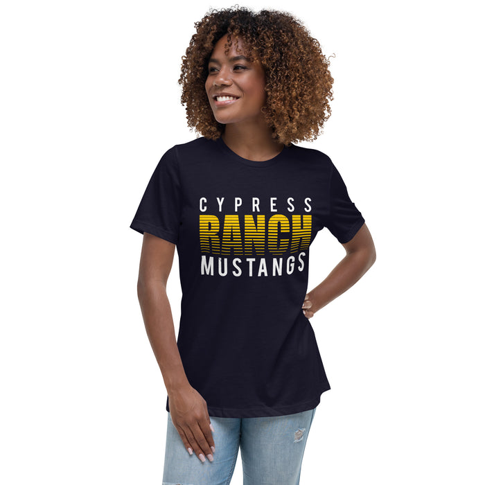Woman wearing Cypress Ranch High School Mustangs Women's Navy T-shirt 024