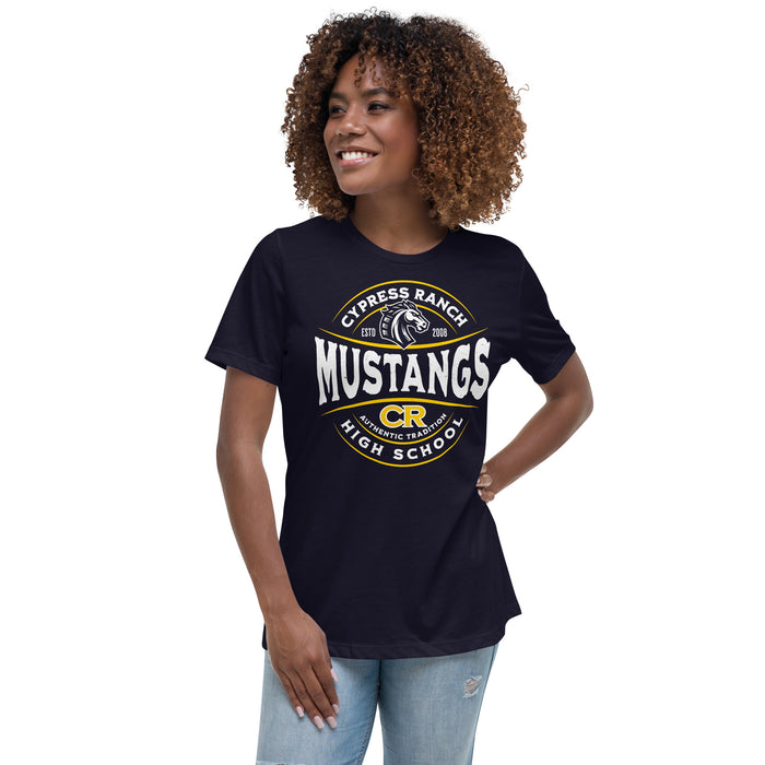 Woman wearing Cypress Ranch High School Mustangs Women's Navy T-shirt 218