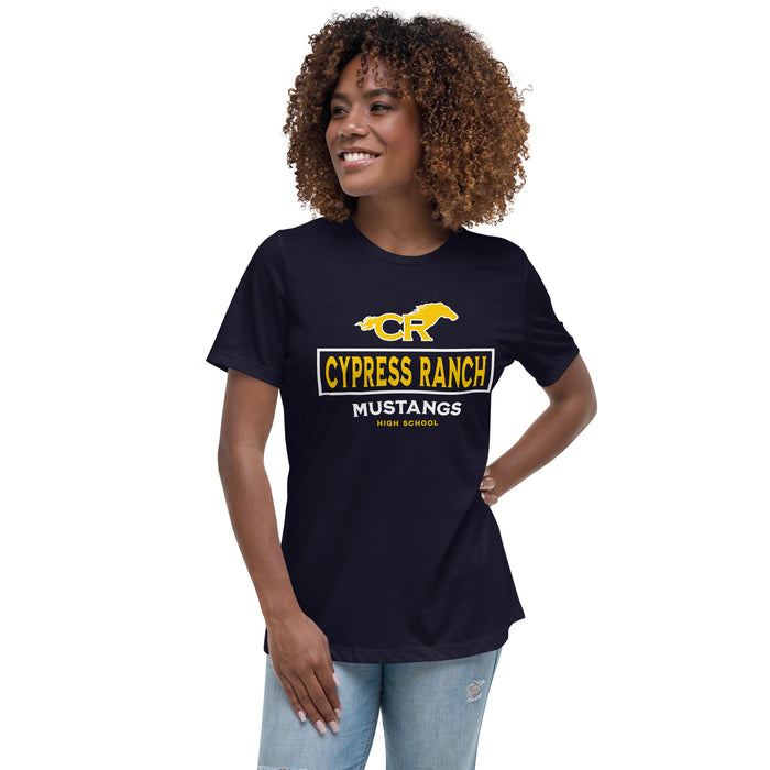 Woman wearing Cypress Ranch High School Mustangs Women's Navy T-shirt 202