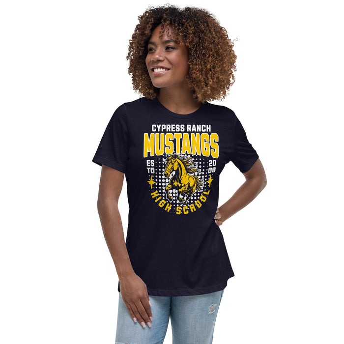 Woman wearing Cypress Ranch High School Mustangs Women's Navy T-shirt 204
