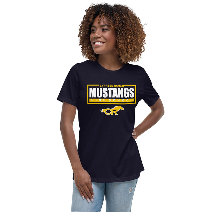 Woman wearing Cypress Ranch High School Mustangs Women's Navy T-shirt 049