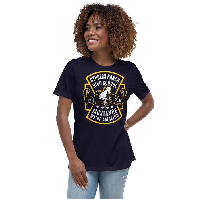 Woman wearing Cypress Ranch High School Mustangs Women's Navy T-shirt 207