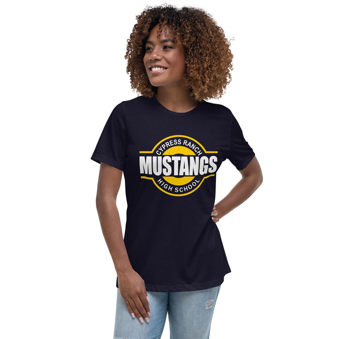 Woman wearing Cypress Ranch High School Mustangs Women's Navy T-shirt 011