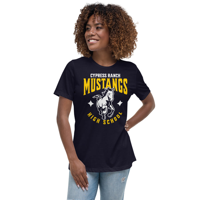 Woman wearing Cypress Ranch High School Mustangs Women's Navy T-shirt 213