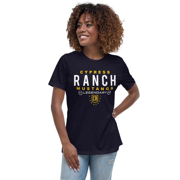 Woman wearing Cypress Ranch High School Mustangs Women's Navy T-shirt 003