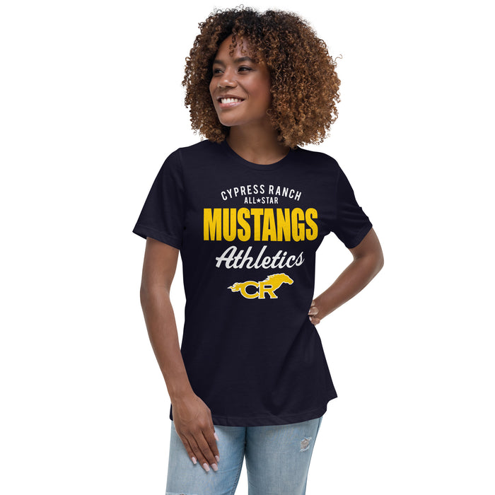 Woman wearing Cypress Ranch High School Mustangs Women's Navy T-shirt 034