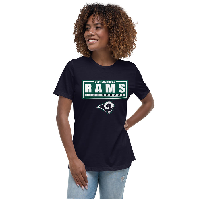 Woman wearing Cypress Ridge High School Rams Women's Navy T-shirt 049