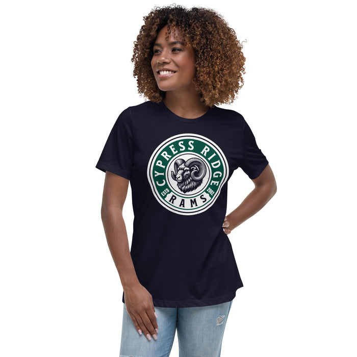 Woman wearing Cypress Ridge High School Rams Women's Navy T-shirt 220