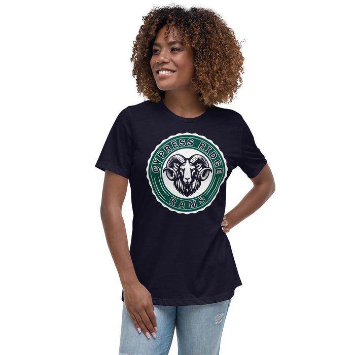 Woman wearing Cypress Ridge High School Rams Women's Navy T-shirt 216