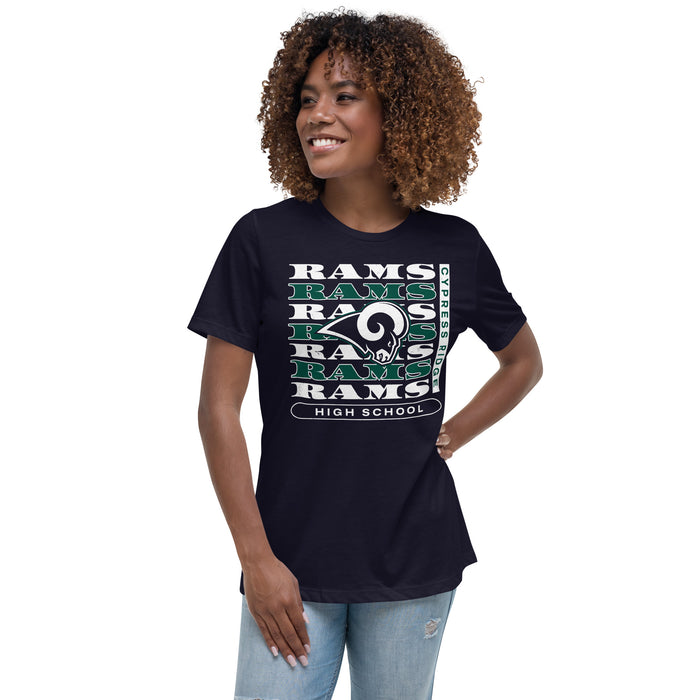 Woman wearing Cypress Ridge High School Rams Women's Navy T-shirt 235