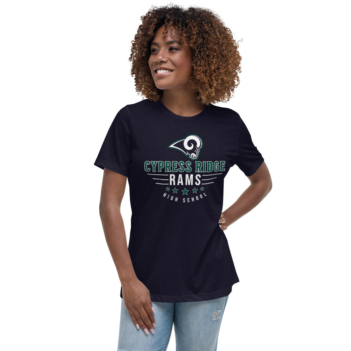 Woman wearing Cypress Ridge High School Rams Women's Navy T-shirt 217