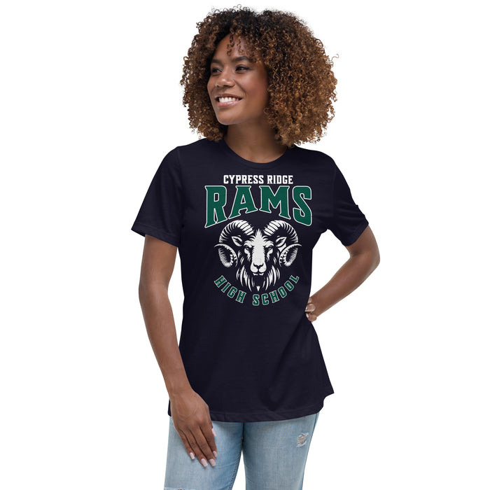 Woman wearing Cypress Ridge High School Rams Women's Navy T-shirt 213
