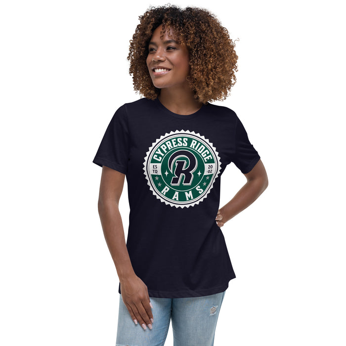 Woman wearing Cypress Ridge High School Rams Women's Navy T-shirt 203