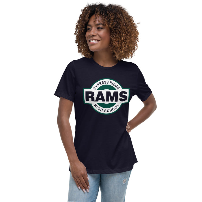 Woman wearing Cypress Ridge High School Rams Women's Navy T-shirt 011