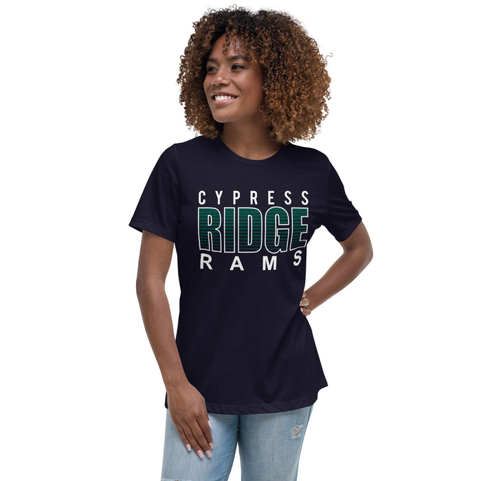 Woman wearing Cypress Ridge High School Rams Women's Navy T-shirt 024